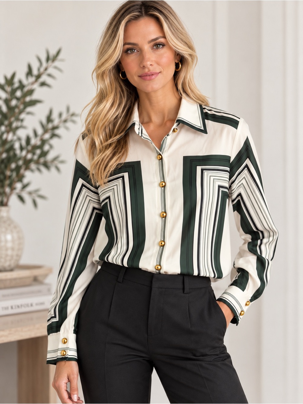 NWT COMMENSE Womens XS Blouse Green Gold Buttons Geometric Office Shirt Modern